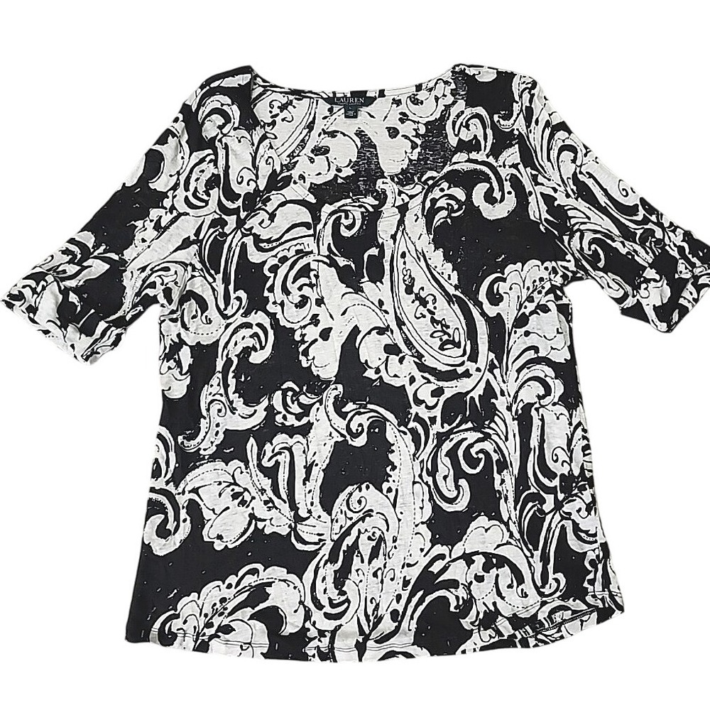 Ralph‎ Lauren LRL Linen Tee Black White Paisley Short Sleeve Cuff Coastal L